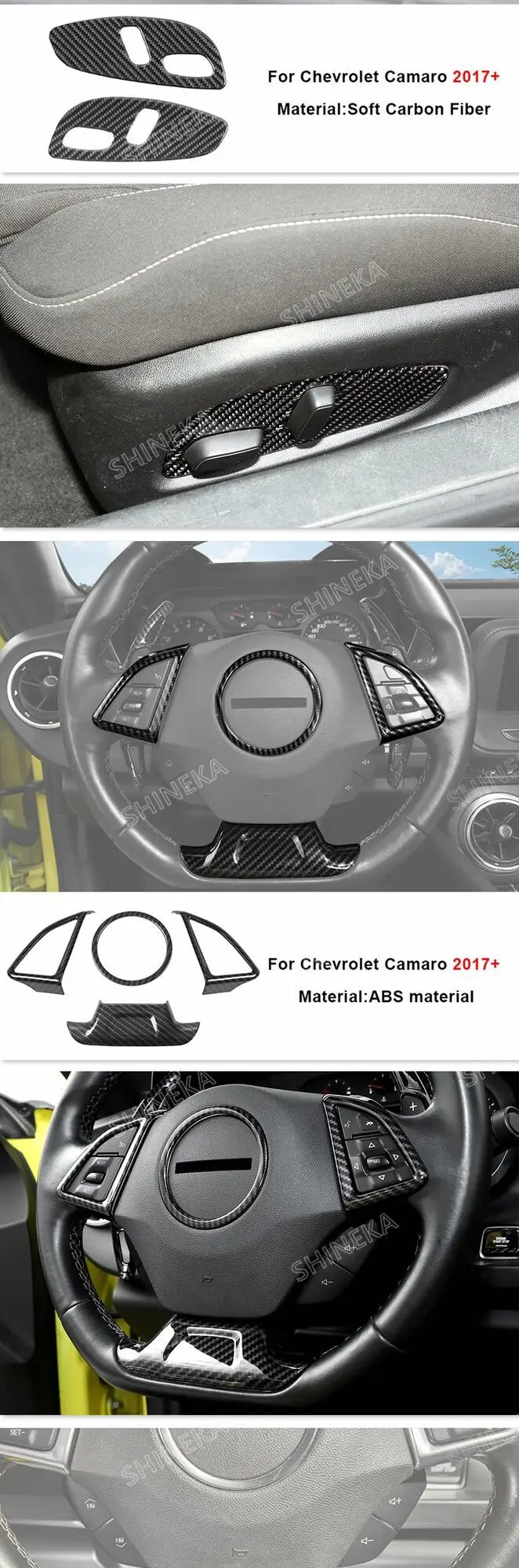 Carbon fiber interior trim kit for Chevrolet Camaro 2017+ showing various components like the air vent and steering wheel acc