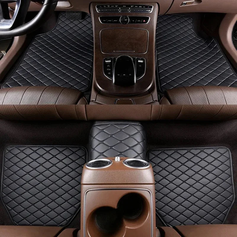 Interior view of a car with brown leather floor mats and a center console.