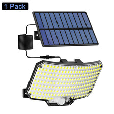 A solar flood light panel and a bright LED flood light are shown, packaged as one pack.