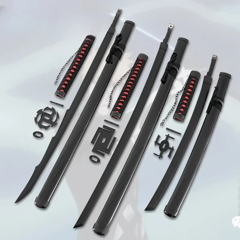 A set of replica wooden katana swords resembling Ichigo Kurosaki from Bleach, displayed against a light gray background.
