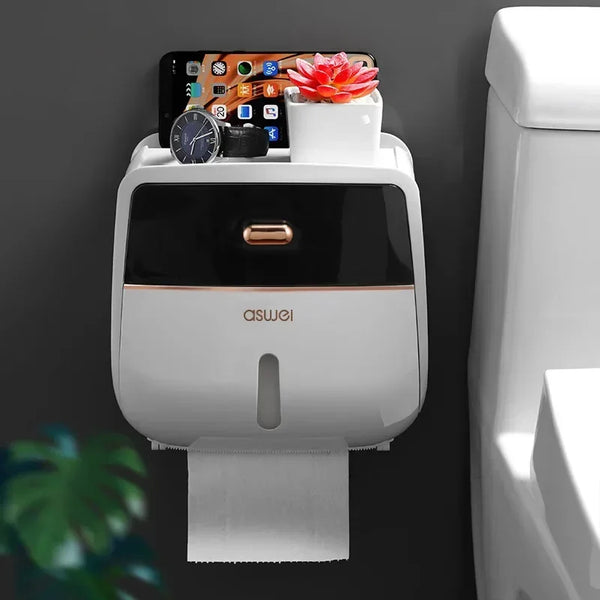 Porta rollos de papel higiénico impermeable de pared blanco con dispensador negro y decoración floral.