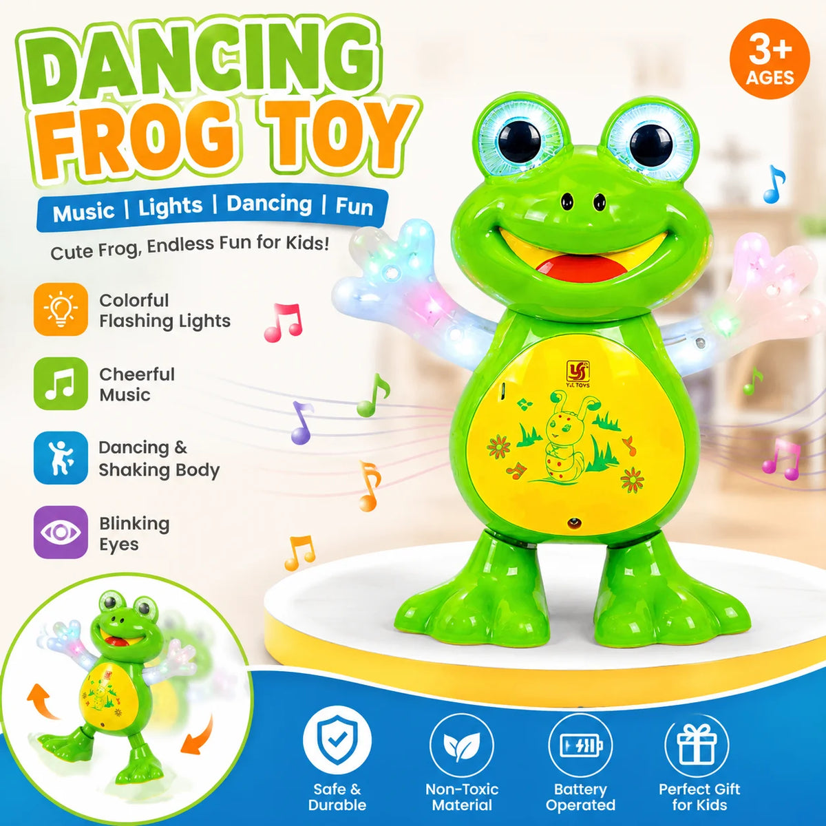 A bright green frog toy with blinking eyes is shown on a white surface, demonstrating music and light features.