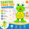 A bright green frog toy with blinking eyes is shown on a white surface, demonstrating dancing and musical features.