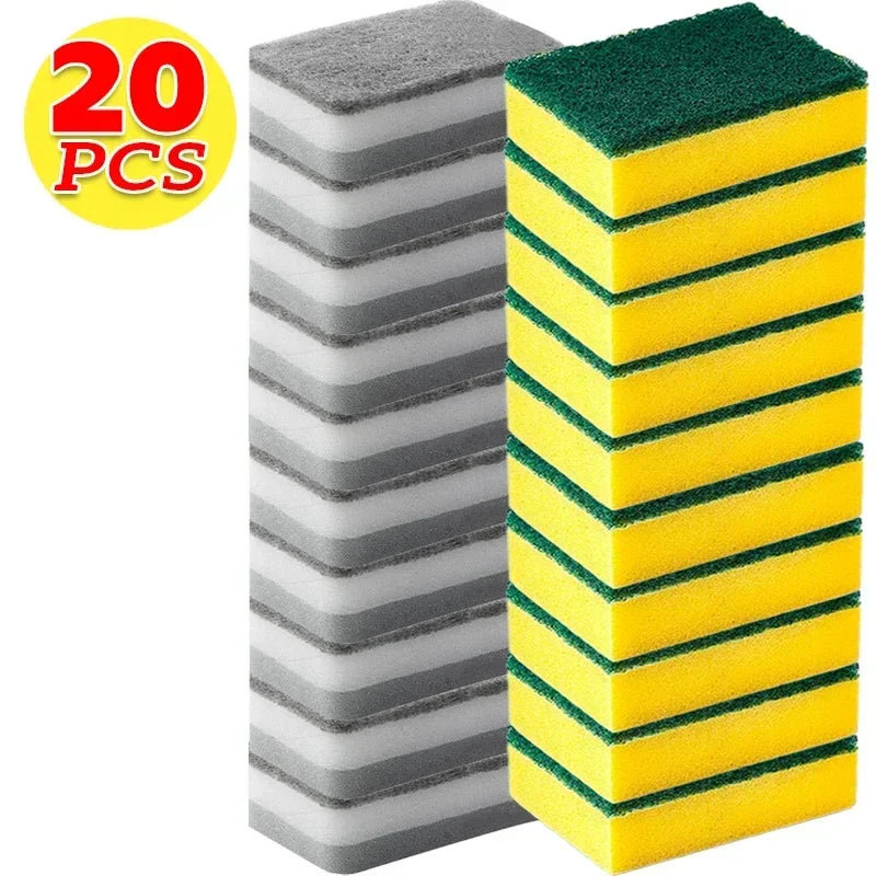 A stack of 20 reusable double-sided cleaning sponges in gray and yellow stripes.