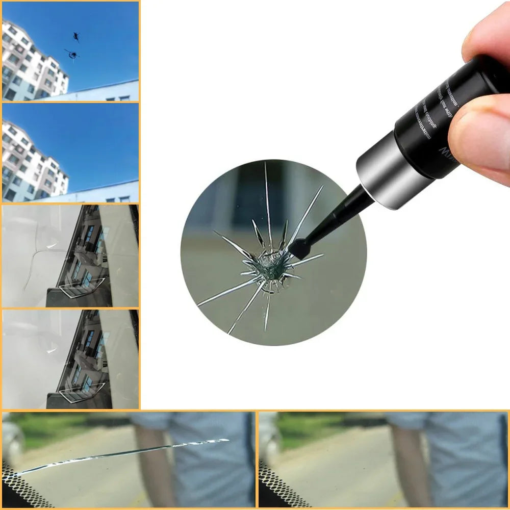 A close-up of a tool being used to repair a windshield crack with a nano resin kit.