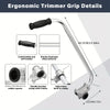 Details of an ergonomic trimmer grip showing the handle, rubber spacer, and adjustable built-in clamp.