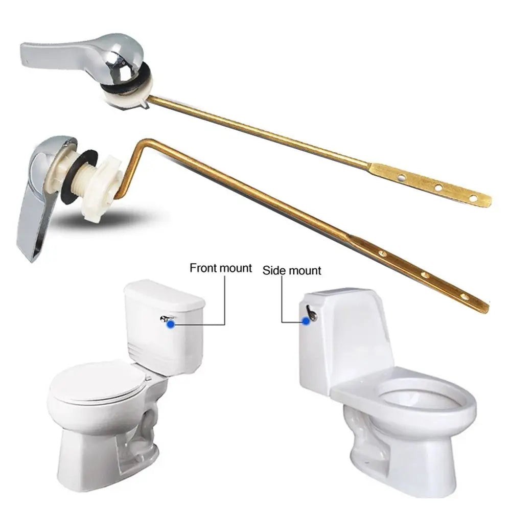 Brass toilet tank flush lever with side mount design and complete toilet set.