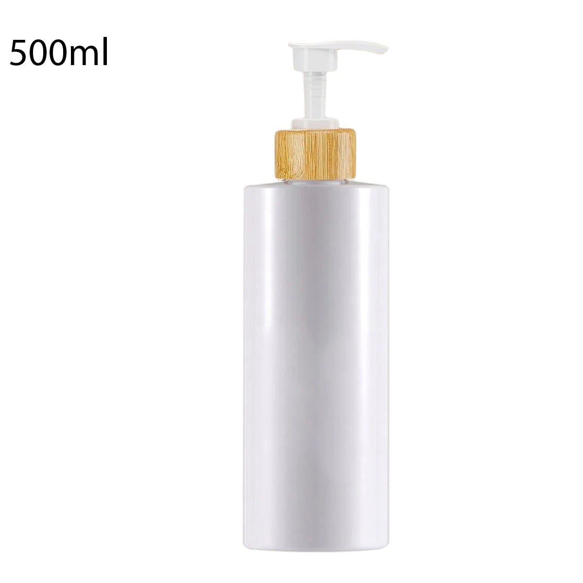 A white 500ml refillable shampoo and lotion dispenser bottle with a wooden pump top.