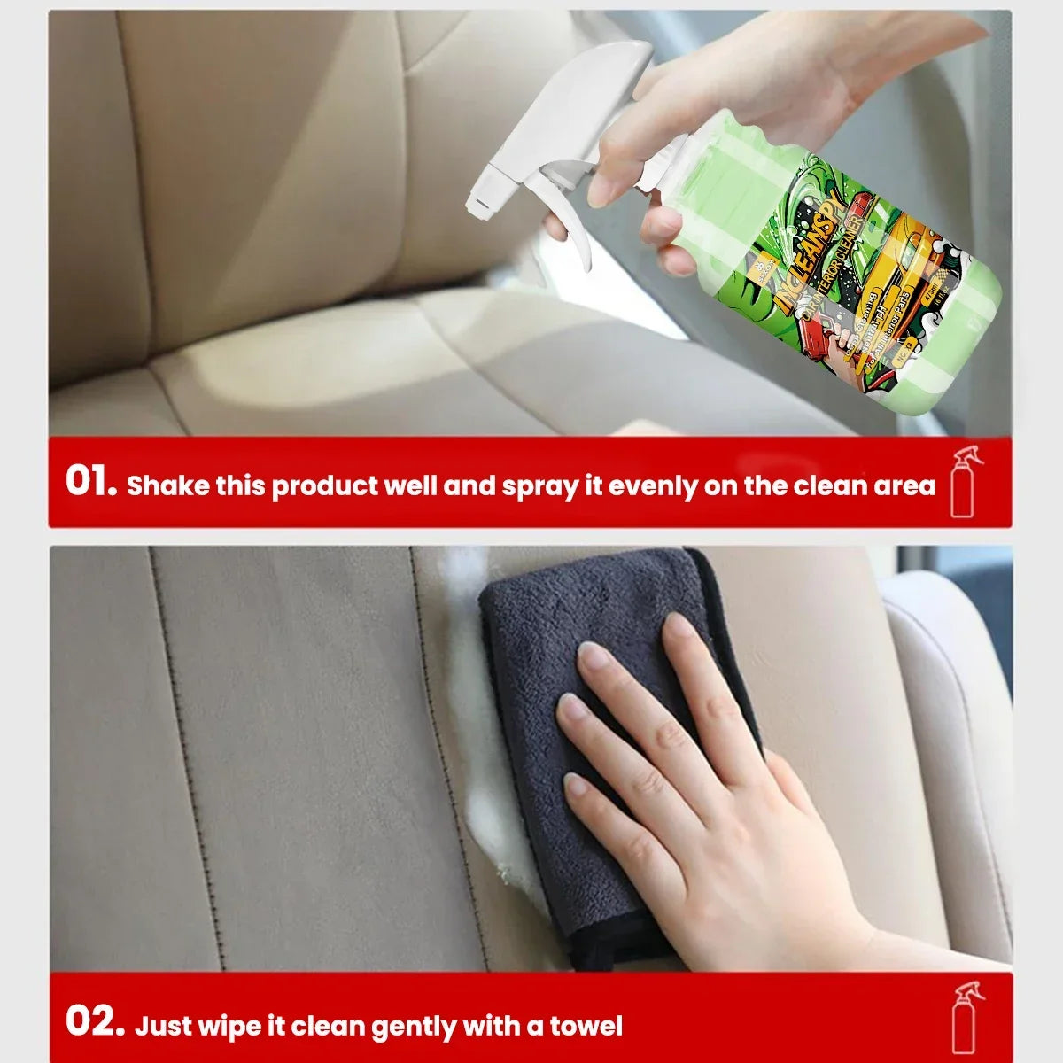 Step-by-step instructions showing how to use a multi-surface water-free car interior cleaner on a seat.