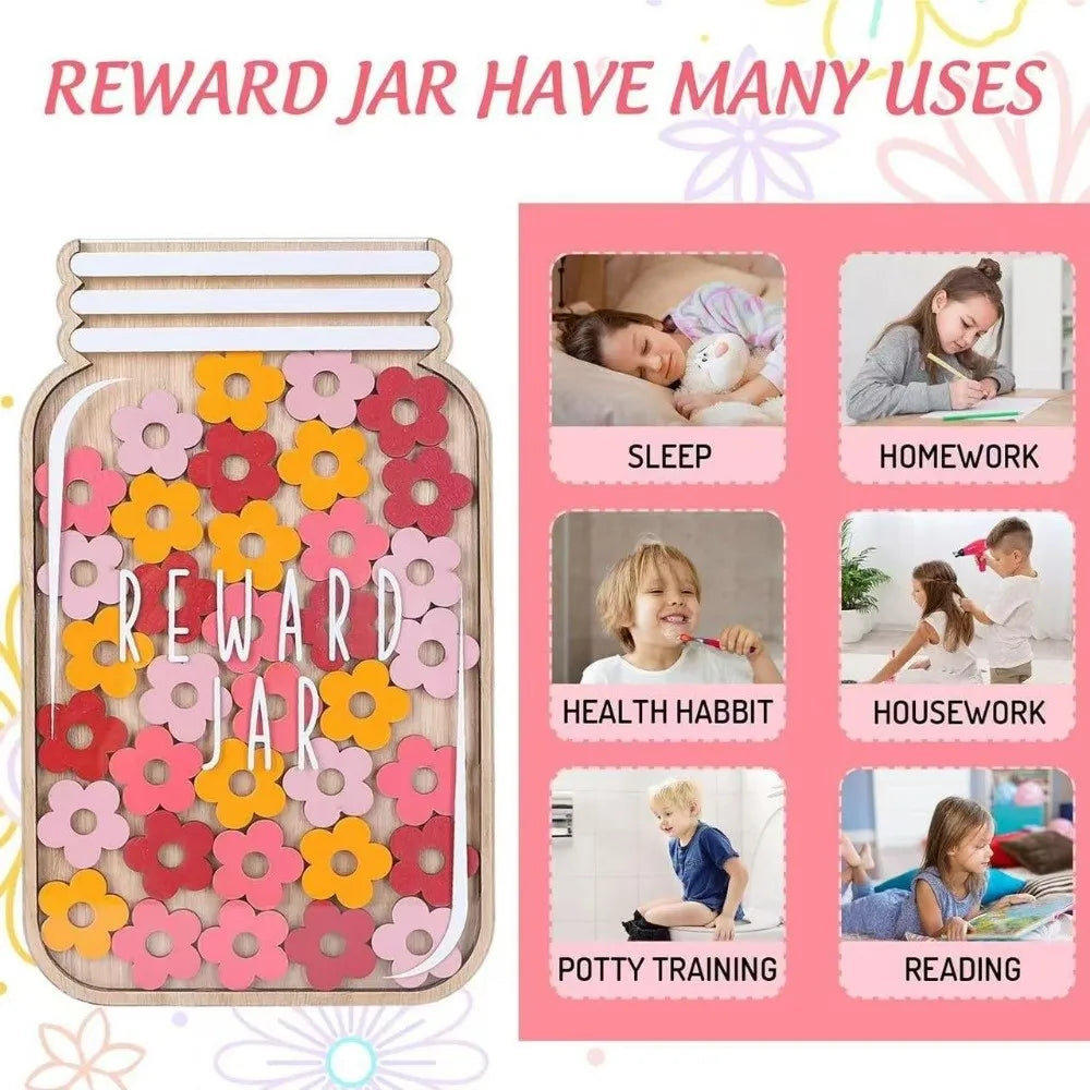 A wooden reward jar with colorful flowers used for positive behavior training and various activities.
