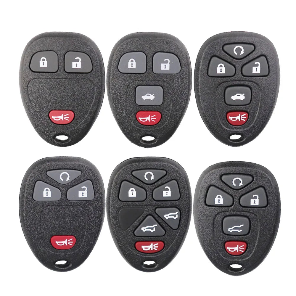 Set of five replacement remote key fobs for select GM vehicles, featuring various lock and start buttons.