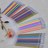 A collection of vibrant gel pen refills in various colors including glitter, metallic, pastel, and neon ink.