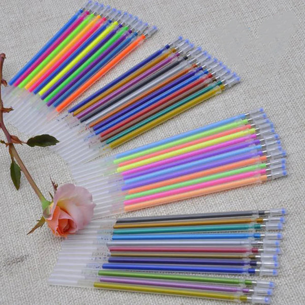 A collection of vibrant gel pen refills in various colors including glitter, metallic, pastel, and neon ink.