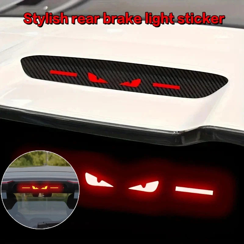 A black brake light sticker is shown on a white car surface, with a close-up view of the red glow effect.