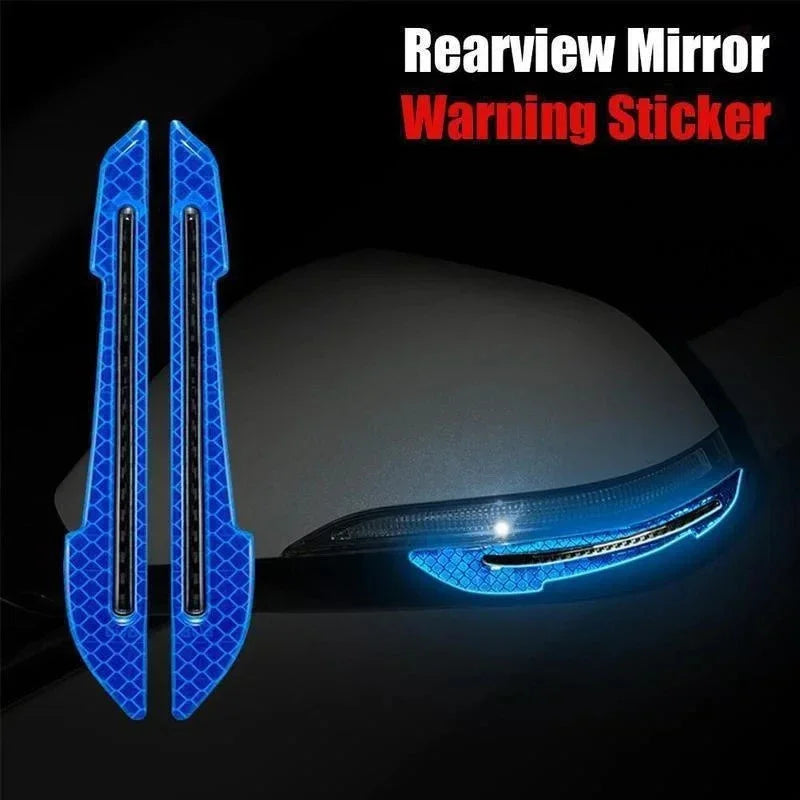 Rearview mirror warning sticker featuring bright blue glow-in-the-dark strips on a car surface.
