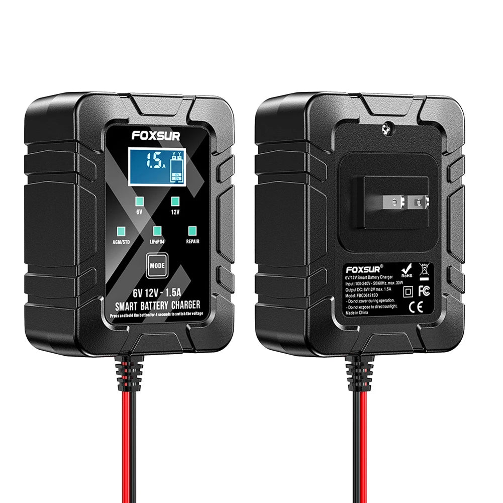 A black Foxsur smart battery charger unit with a cable, designed for 6V and 12V batteries.