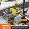 Stainless steel kitchen sink side storage rack with a draining tray and hanging rod
