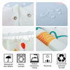A set of beige floral waterproof shower curtains and ironing accessories including a curtain, hangers, and ironing tools.