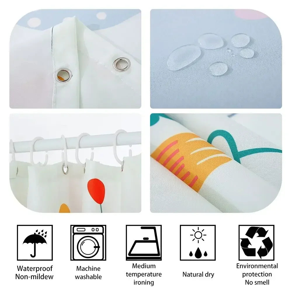 A set of beige floral waterproof shower curtains and ironing accessories including a curtain, hangers, and ironing tools.