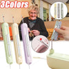 A woman holds a 3-color needle threader and seam ripper tool with various components shown in close-up.