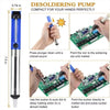A soldering pump tool is shown with instructions for melting tin and pressing a plunger down.