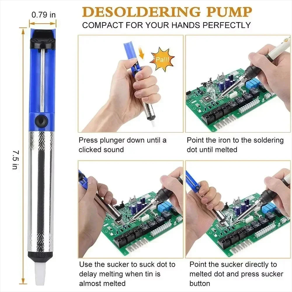 A soldering pump tool is shown with instructions for melting tin and pressing a plunger down.