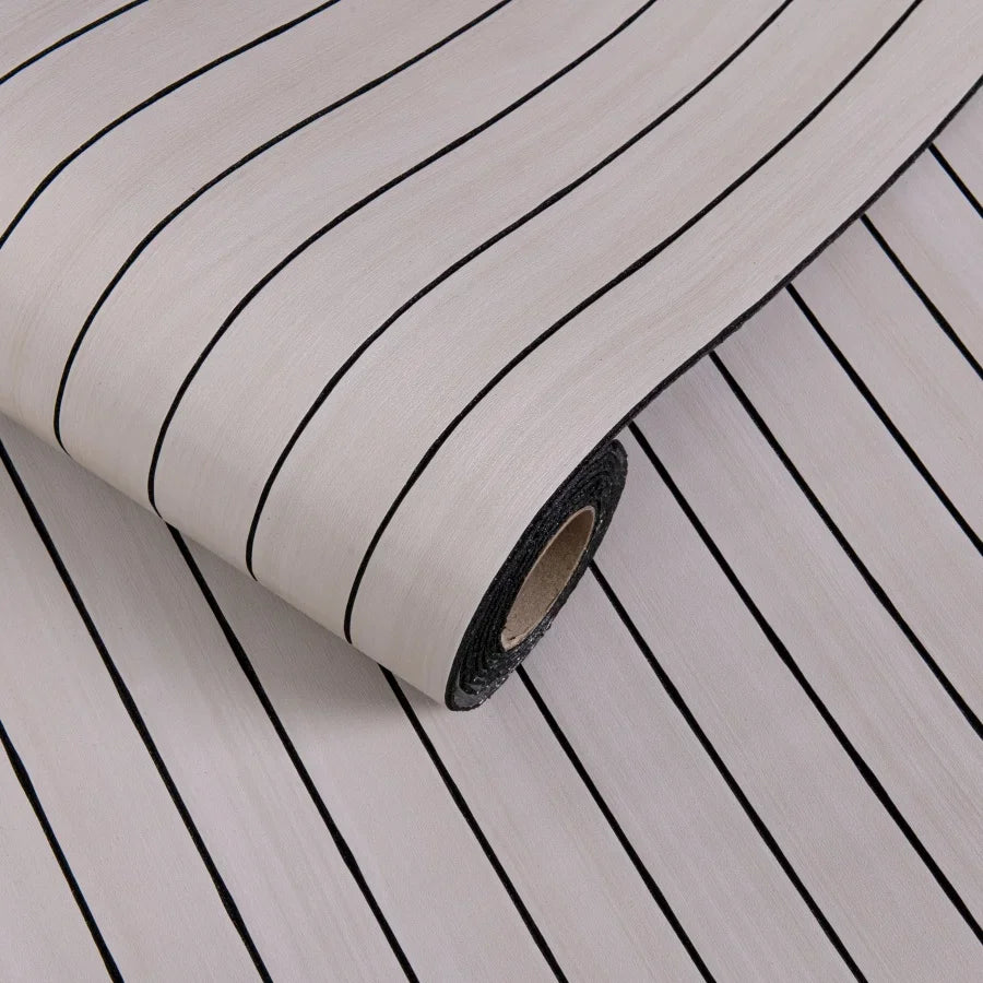 Roll of 3D grille pattern peel-and-stick wallpaper with black lines on a light background