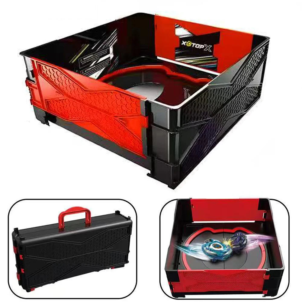 A black and red foldable battle arena stadium for spinning top battles with a lid.