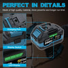 Close-up view of a cordless power tool battery pack showing the charging port, display switch, and LED display features.