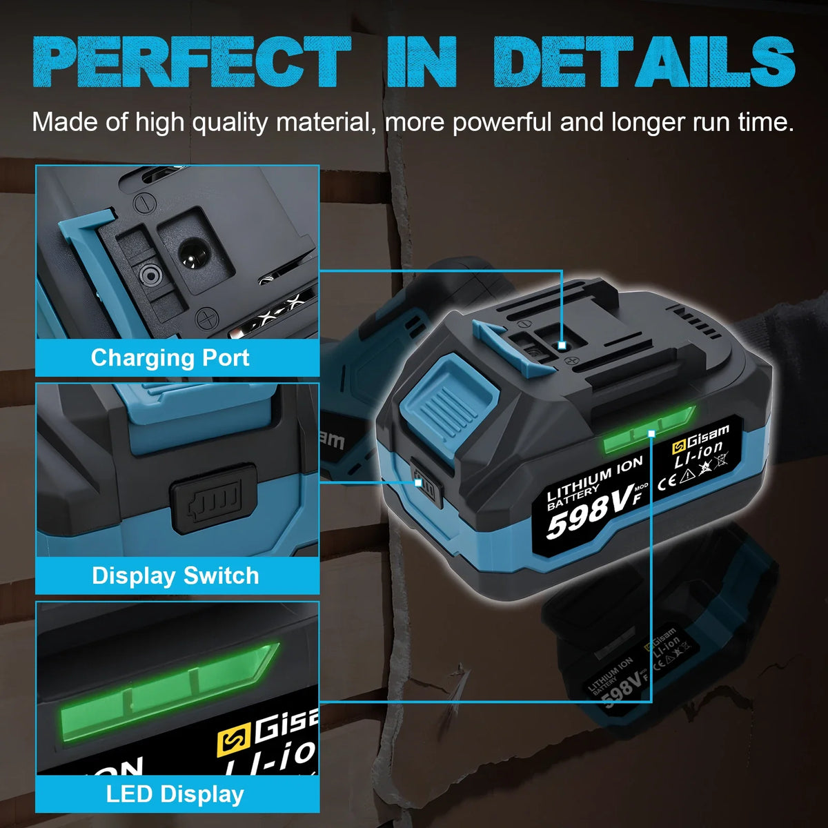 Close-up view of a cordless power tool battery pack showing the charging port, display switch, and LED display features.