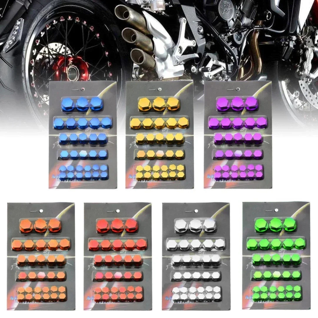 A set of 30 decorative bolt caps in various colors including blue, yellow, and purple for motorcycle screws
