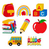 A set of back to school iron-on patches featuring letters A, B, C, and a school bus design.