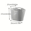 A gray folding laundry basket with handles, shown in a side view.
