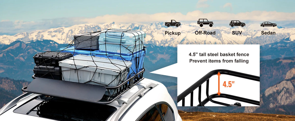 Heavy-Duty Roof Rack Cargo Basket with Wind Fairing