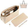 Organizador de cartera de fieltro beige con múltiples bolsillos y una almohadilla rectangular a juego de fieltro.
