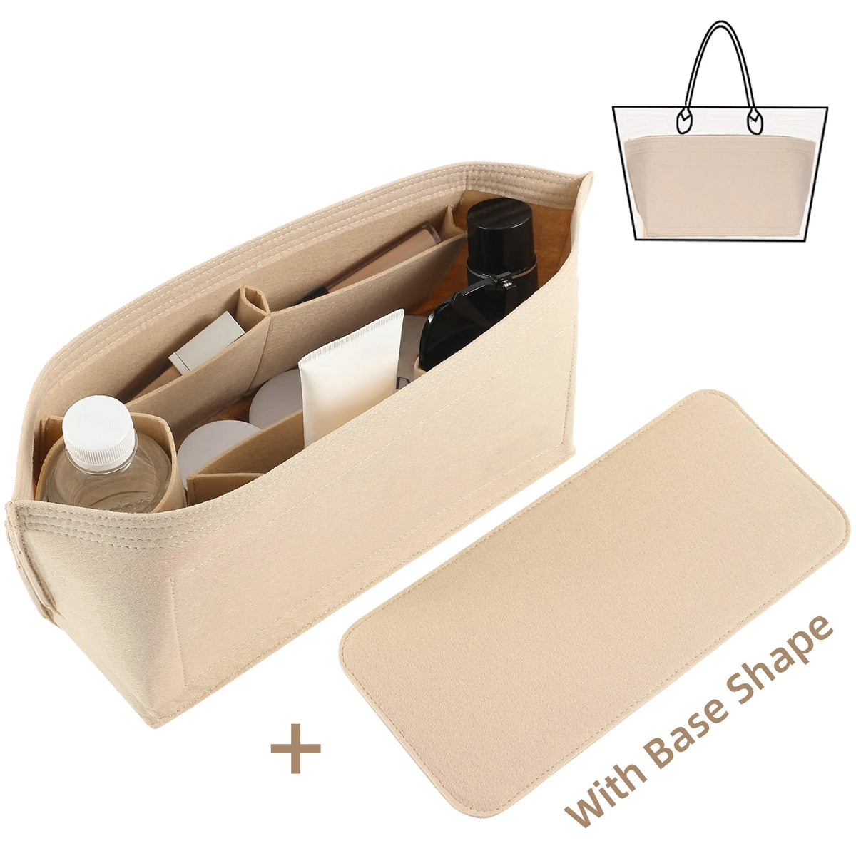 Organizador de cartera de fieltro beige con múltiples bolsillos y una almohadilla rectangular a juego de fieltro.