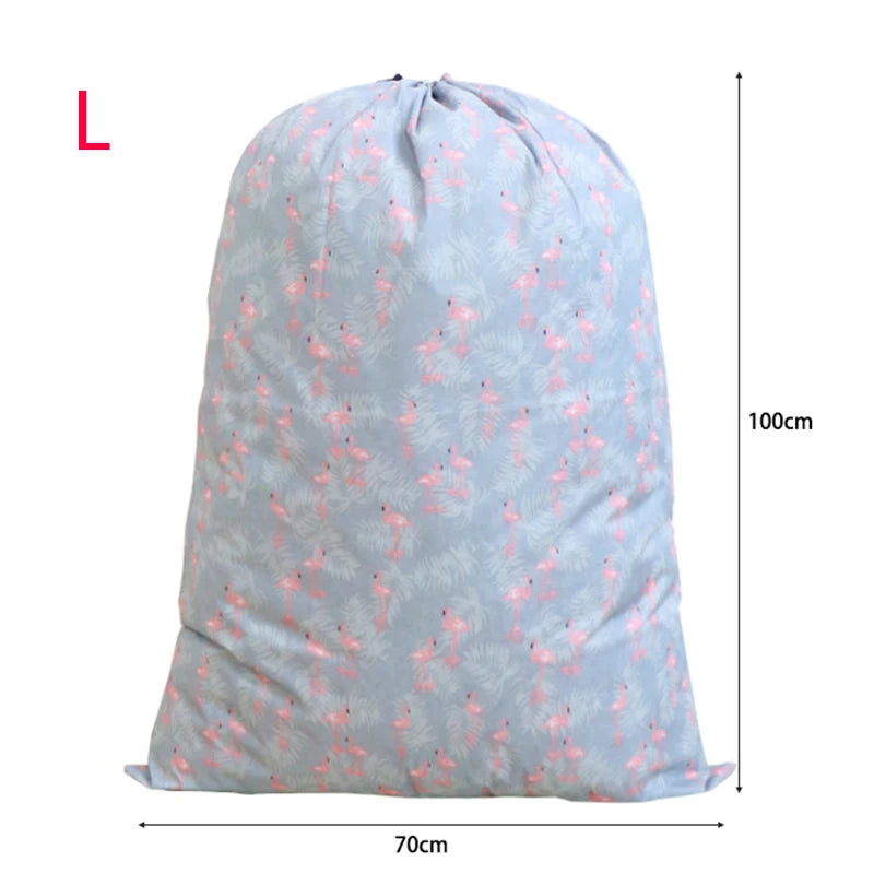 Light blue drawstring laundry bag with a floral pattern, shown from the side.