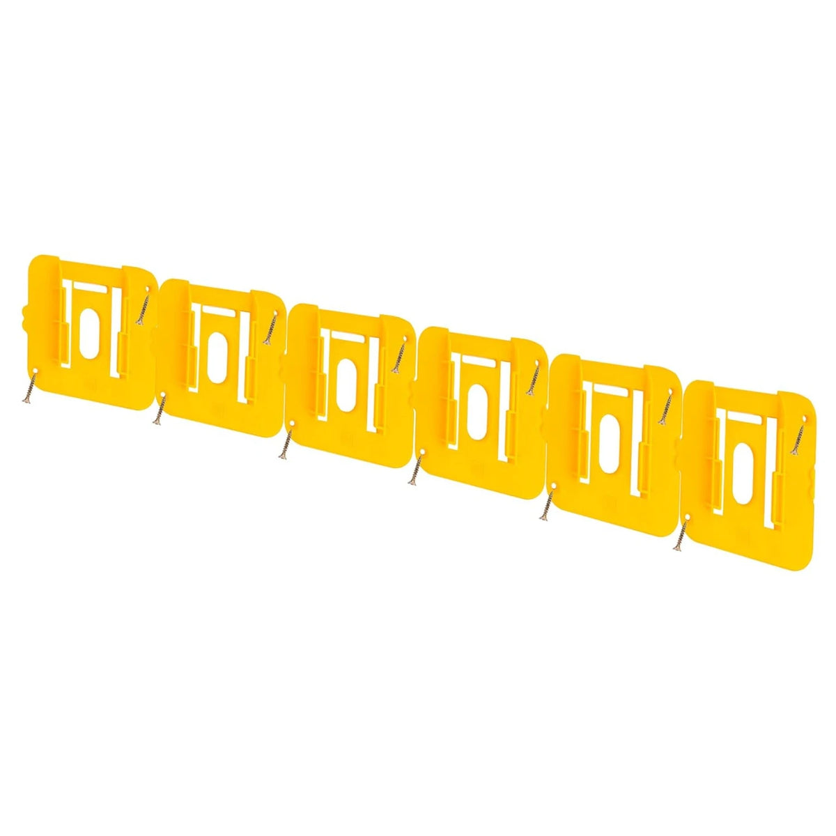 A row of yellow wall mount battery holders for Dewalt 20V DCB200 and DCB203 batteries.