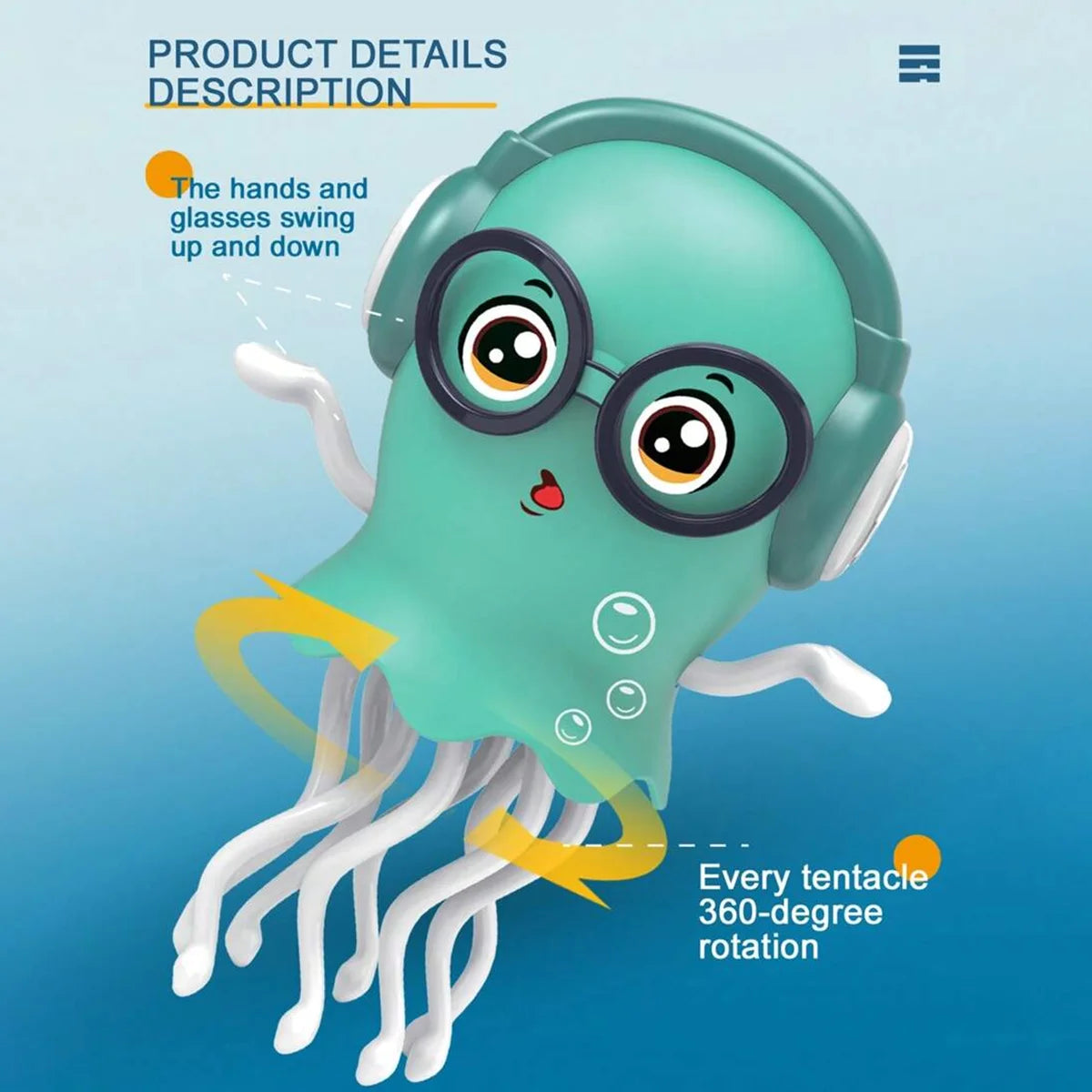 A green, interactive jellyfish toy with large glasses and tentacles is shown swimming.