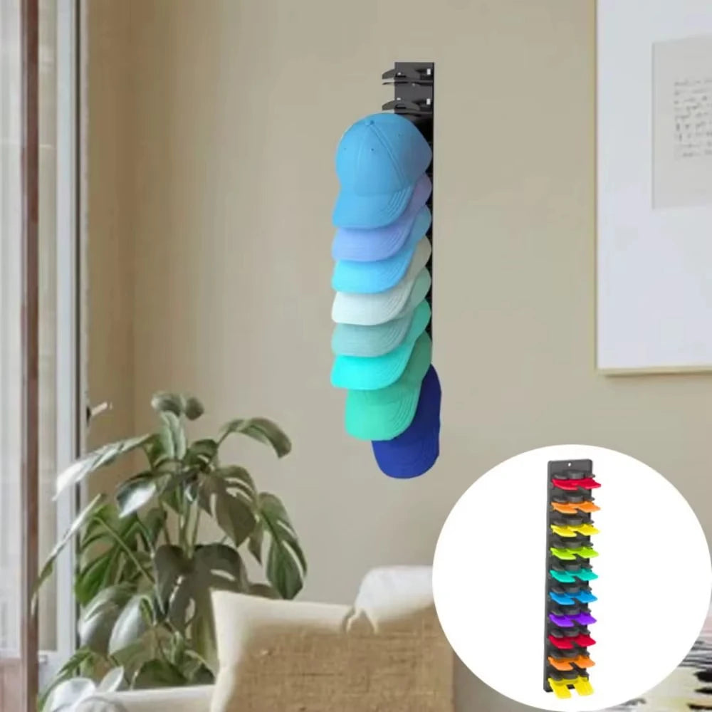 Wall-mounted organizer rack displaying a stack of colorful baseball caps.
