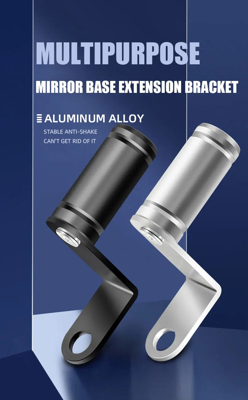 A silver and black aluminum alloy mirror base extension bracket shown in a close-up view.