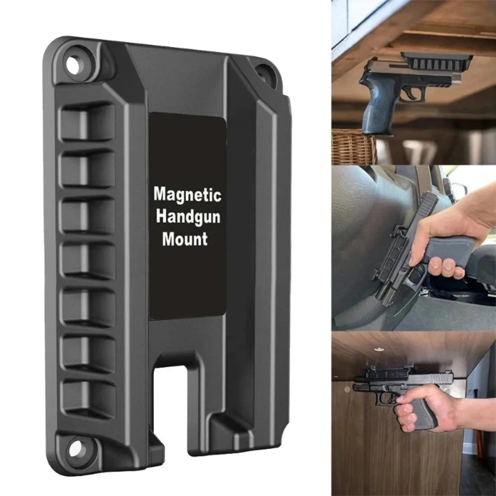 A black magnetic handgun mount with a quick-release lock shown in various angles.