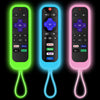 Three glow-in-the-dark silicone remote control covers for TCL, Hisense, and Roku TV remotes in green, blue, and pink.