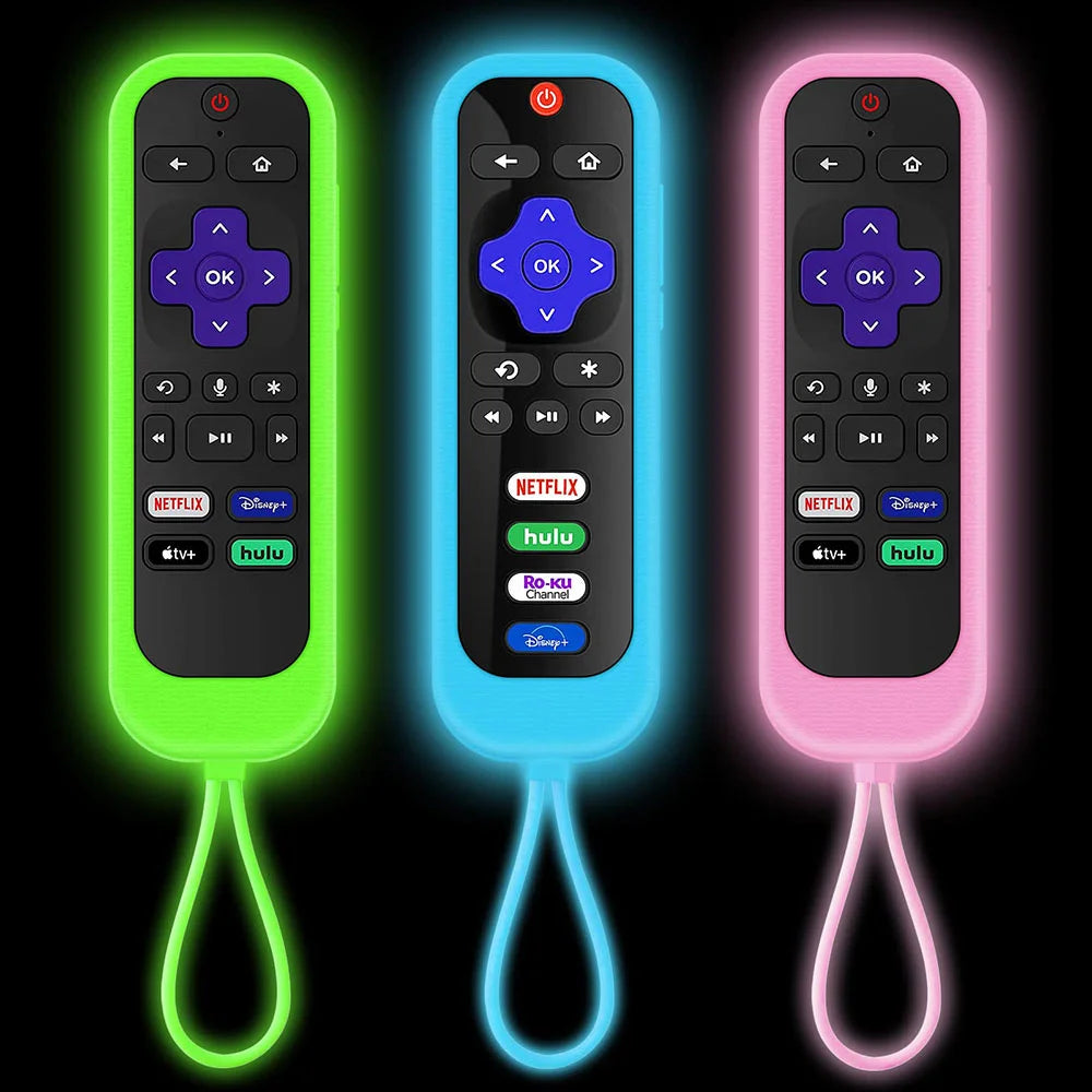 Three glow-in-the-dark silicone remote control covers for TCL, Hisense, and Roku TV remotes in green, blue, and pink.