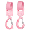 A pair of pink 360° rotating stroller hooks designed for hanging bags and essentials.