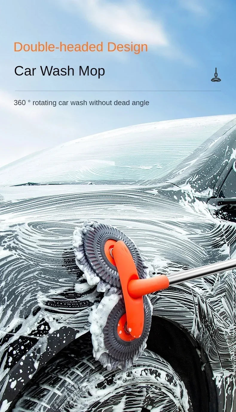 A double-headed rotating car wash mop is cleaning water off a car's hood.