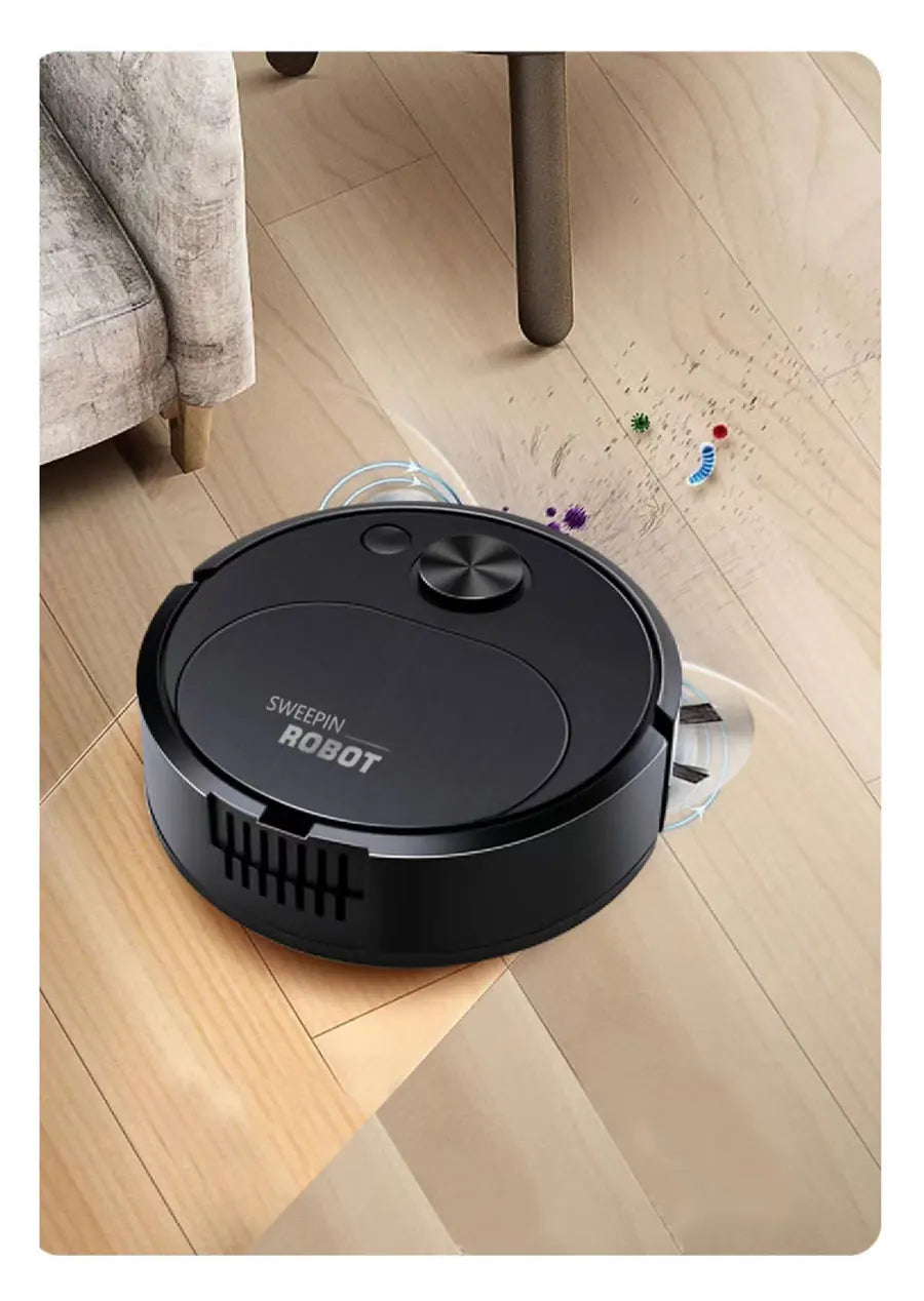 A black 3-in-1 smart robot vacuum cleaner is shown on a light wooden floor.