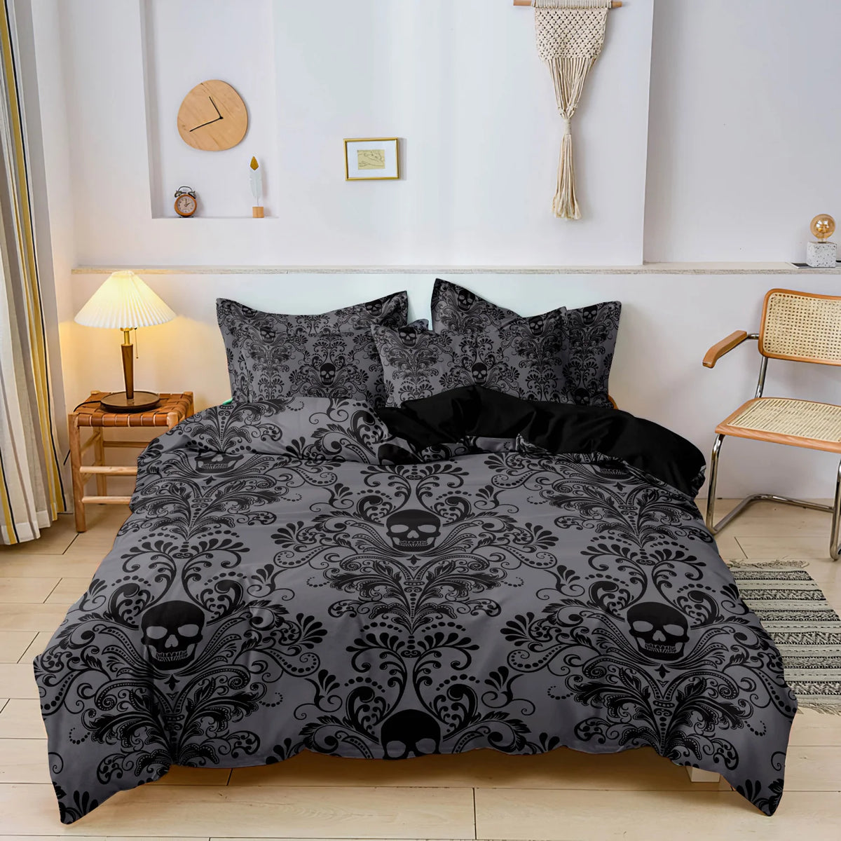 Gothic Skull Print Duvet Cover Set with Pillowcases - Soft Polyester Bedding for Adults