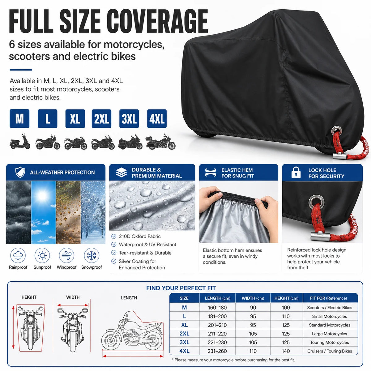 Black full size waterproof motorcycle cover with elastic hem and lock hole for security