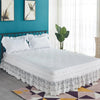 White ruffled lace bed skirt on a bed with a teal wall and natural light.